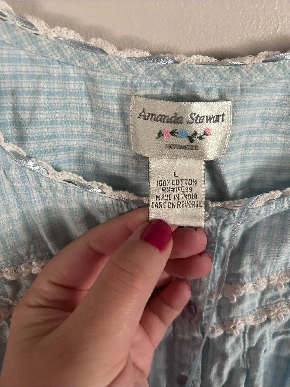 Vintage Amanda Stewart blue gingham floral embroidered ruffle hem nightgown
